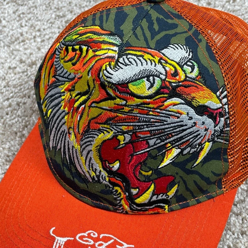 Ed Hardy Trucker Hat Embroidered Tiger Big Graphic Spellout Orange Snapback OS